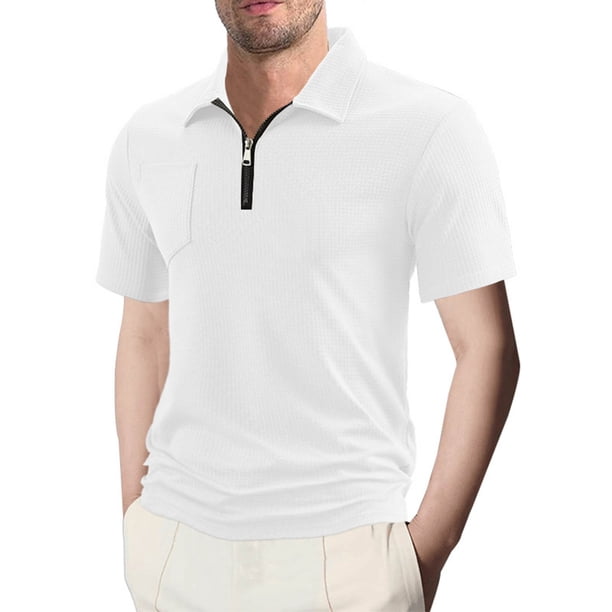 Camisetas Elvqul de Hombre Manga Corta Blanco Casual Liso Solapa Algodón Con Bolsillos