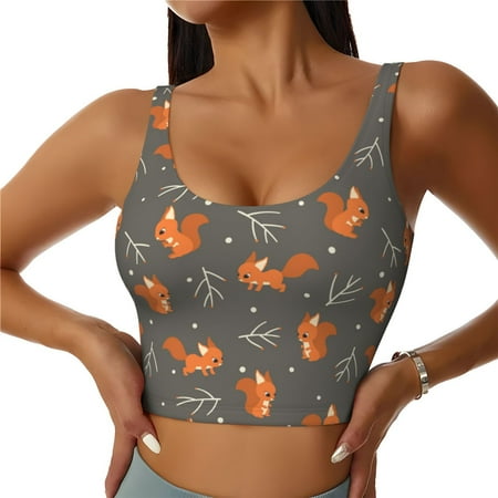 Qokaie cute fall fox leaf Pattern Womens Scoop Neck Sports Bra Breathable Workout Vest Padded U Back Medium Impact Fitness Gym Yoga Bra Workout Crop Top-Large
