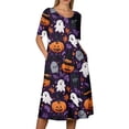 thumbnail image 5 of Women's Halloween Print Round Neck Dress with Pockets Short Sleeve Loose Midi Casual Dress Plus Size for Autumn Daily Wear Party Light Purple L, 5 of 6