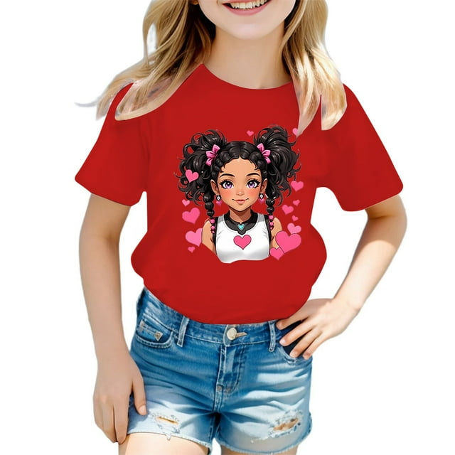 MEZZALL T-Shirt Graphique Mignon pour Fille, Col Rond, Manches Courtes, Tee d'Été Décontracté, T-Shirts Hauts, Rouge, 11-12 Ans