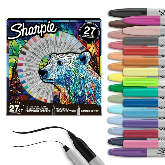 Sharpie Permanent Markers, Fine and Utra-Fine Point Markers Variety Pack, Assorted Colors, Includes 2 Coloring Pages, 27 Count