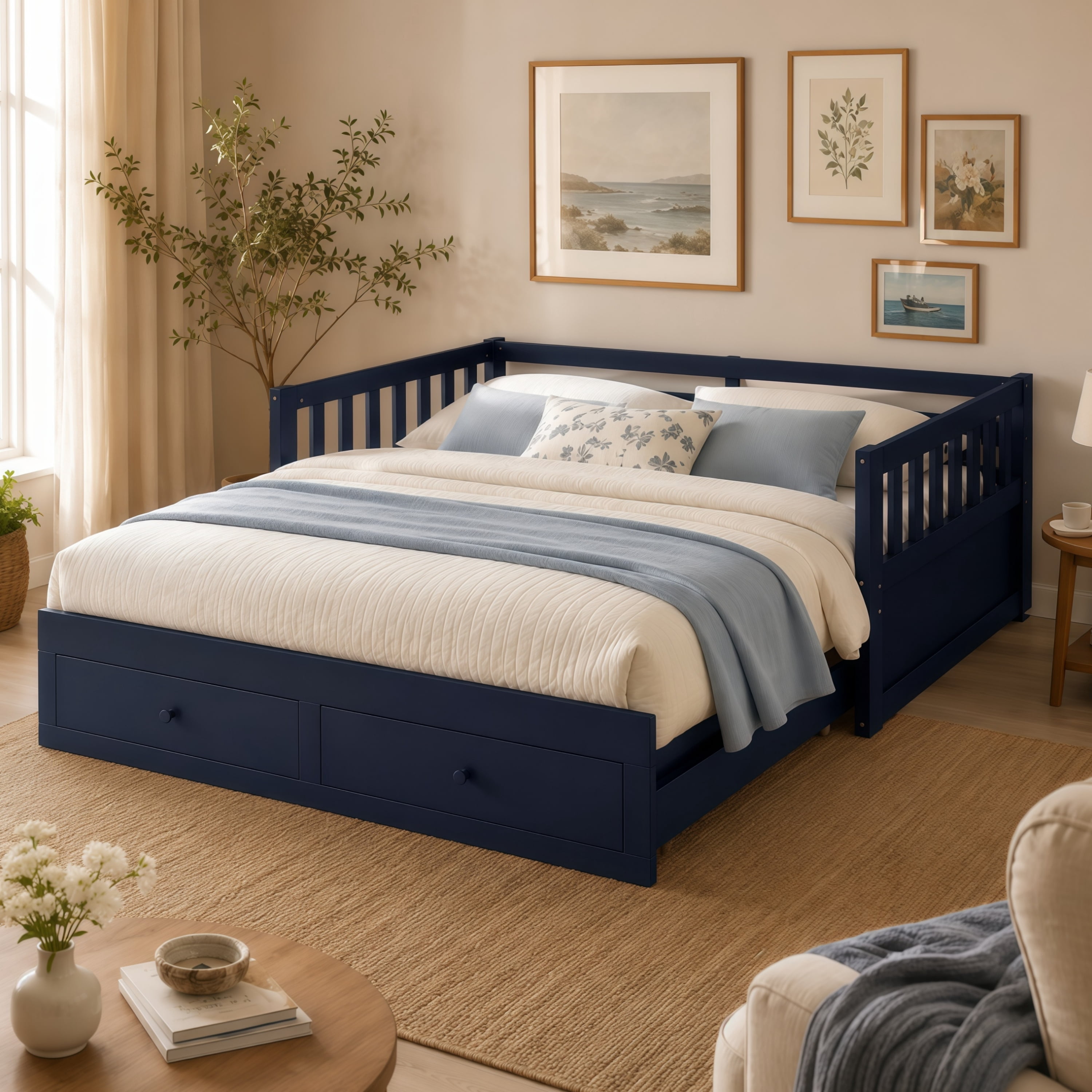 Euroco Wood Twin to King Size Daybed with Pull-out Trundle, Convertible Bed Frame with Drawers, No Box Spring Needed, Blue