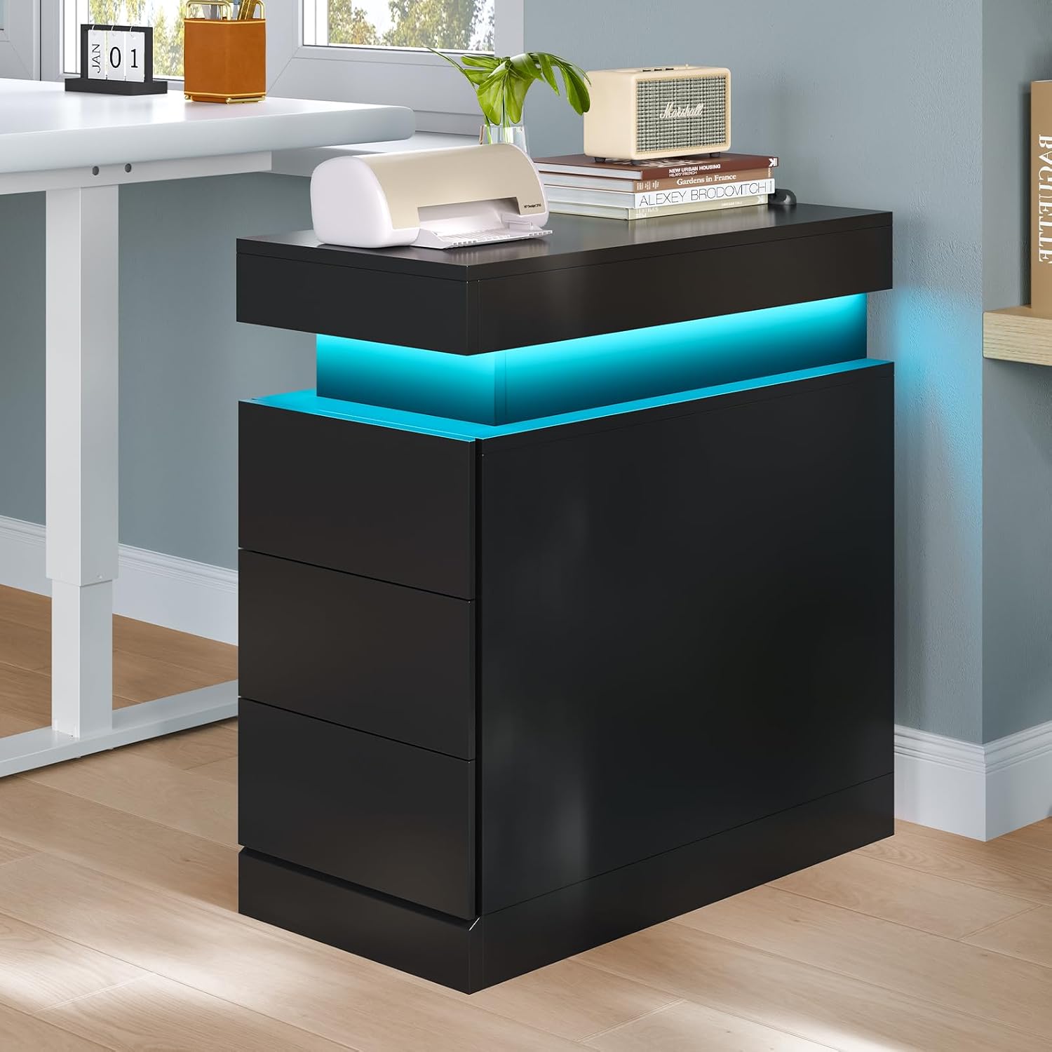 Narrow End Table with Sliding Top, Nightstand with Charging Station and 3 Drawers, Bedside Table for Living Room Bedroom Small Space, Black