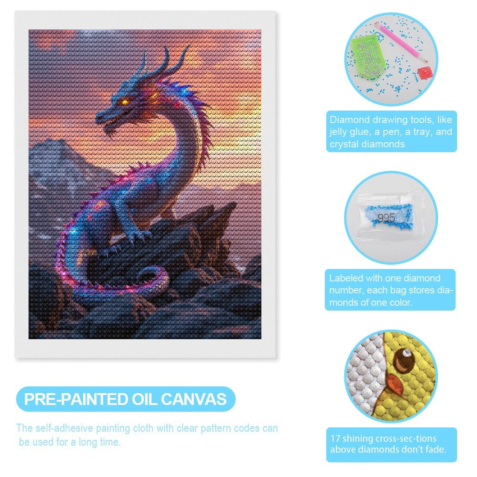 Diamond Art Kits for Adults, Blue Dragon Sunset Rocks Majesty 5D Diamond Painting Kits for Adults Beginners, DIY Full Drill Diamond Painting, Gem Art and Crafts 12x16