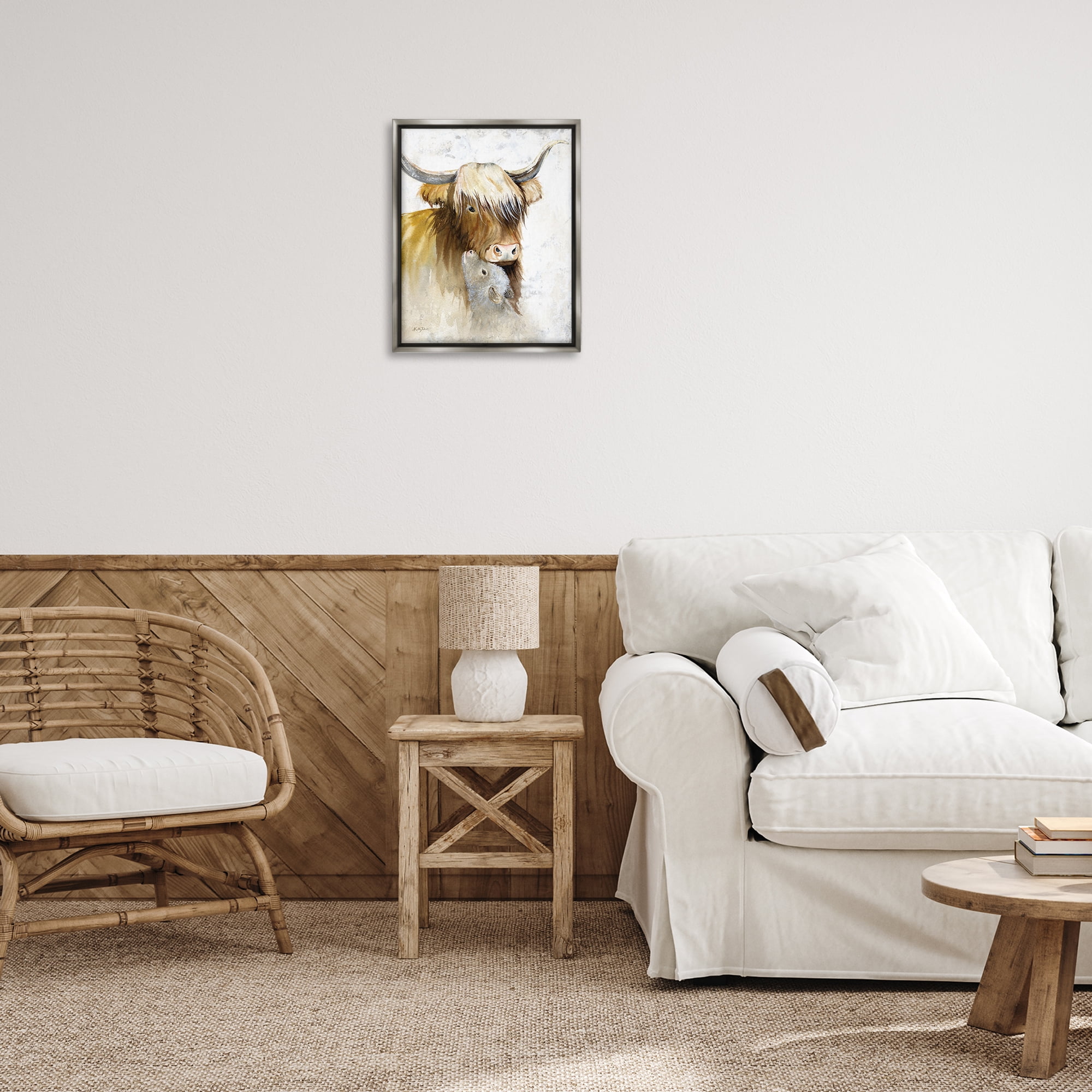 Stupell Industries Neutral Longhorn & Calf Animals & Insects Painting Gray Floater Framed Canvas Art Print Wall Art, 17 x 21