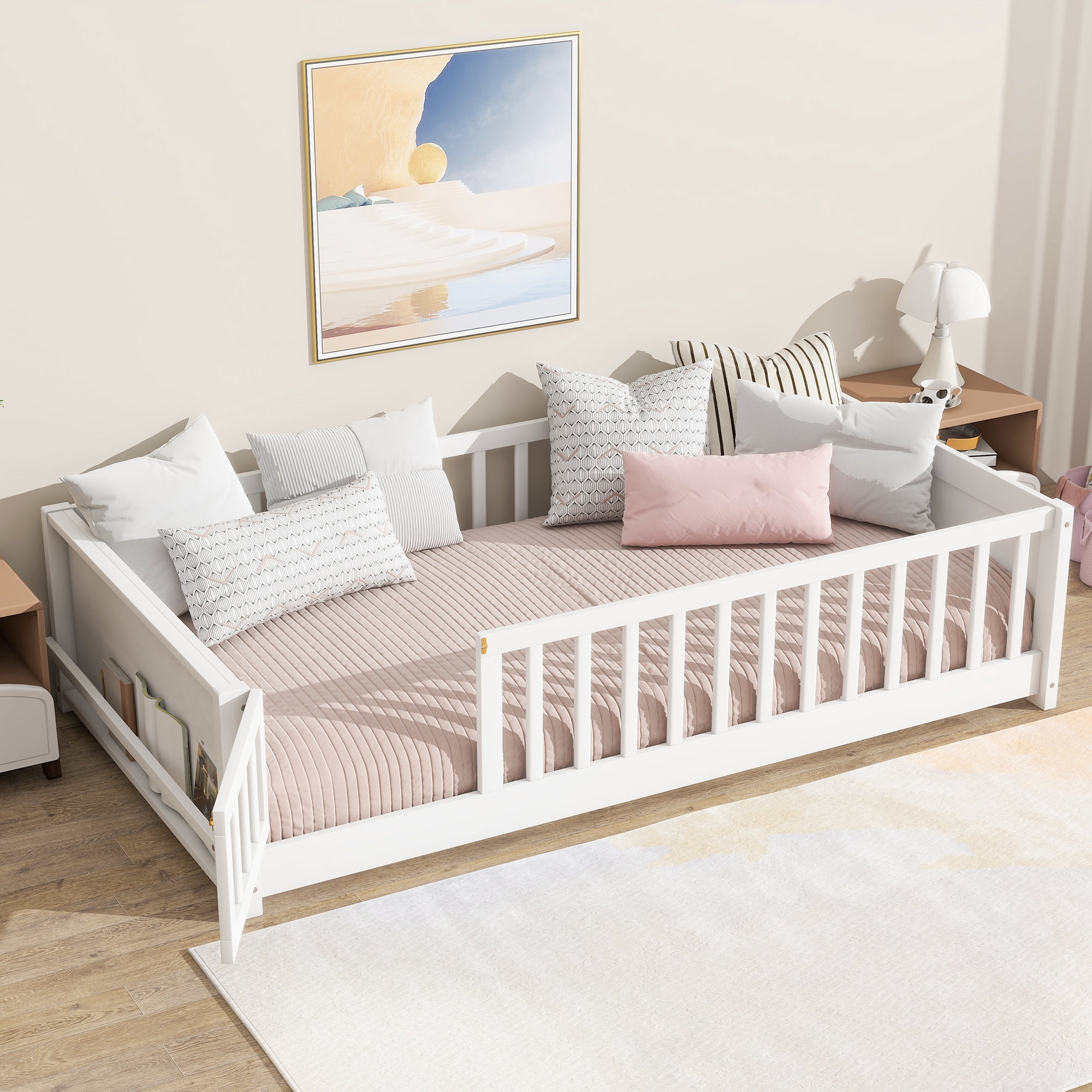 Alvantor Montessori Floor Bed Twin Size with Door for Kids, Toddler Wooden Platform Bed White