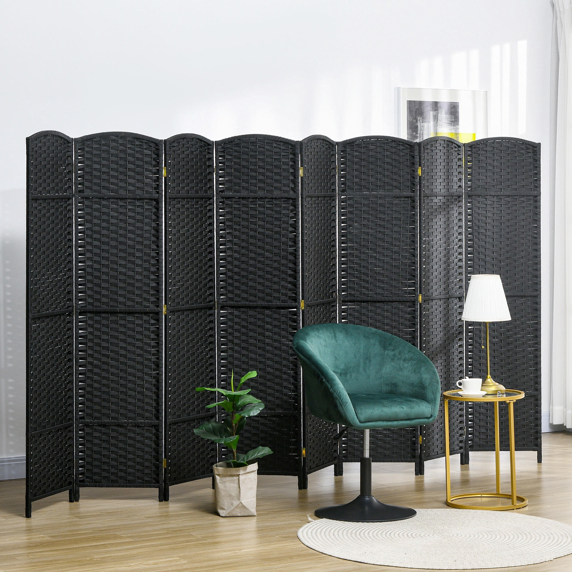 8 Panel Folding Room Divider 66.9" (5.6') Tall - Hand-Woven Privacy Screen Freestanding Wood Partition for Home Office Bedroom, Black