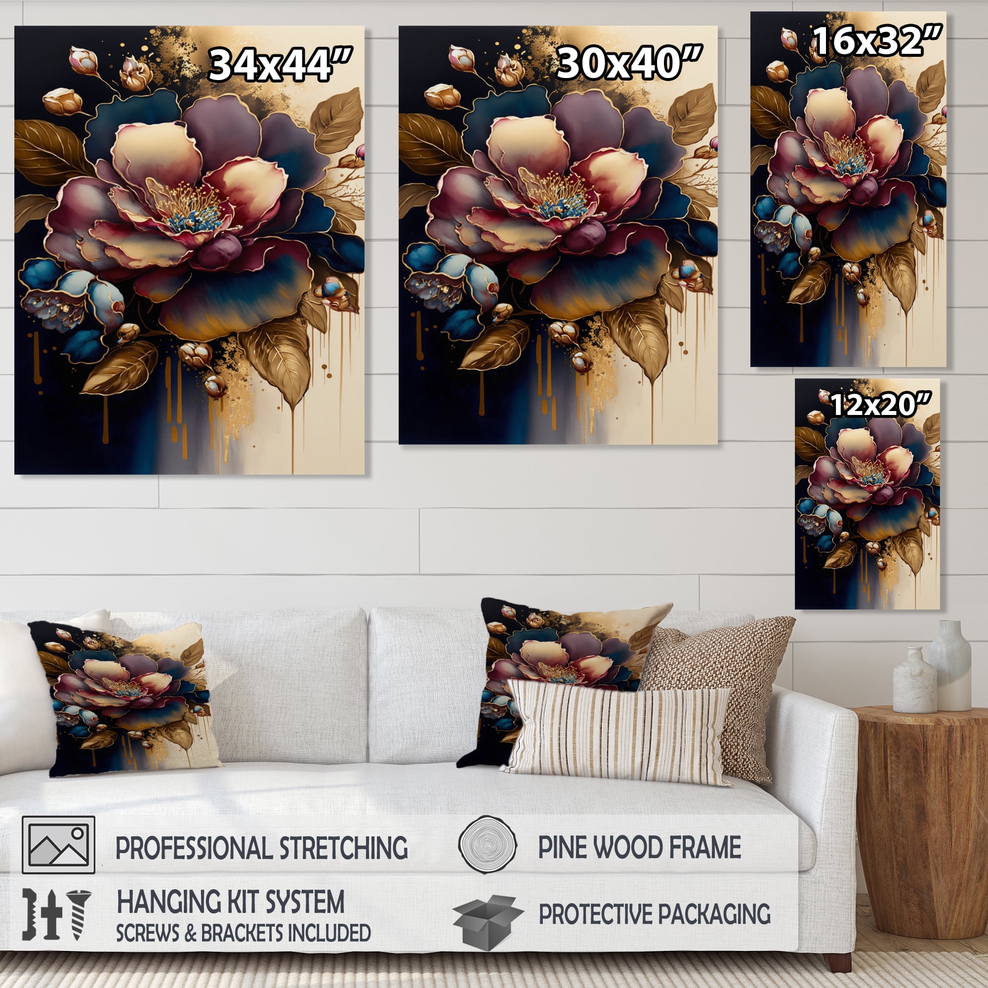 Designart Red And Gold Camellia Floral Design I Canvas Wall Art