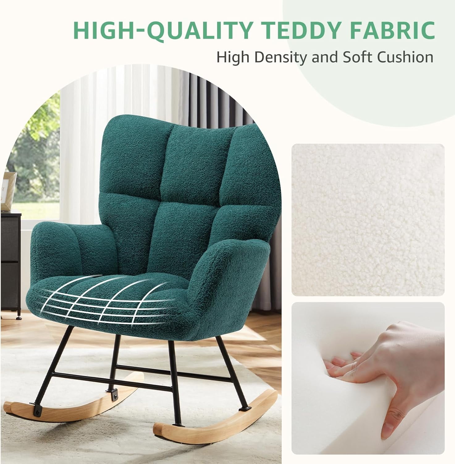 QUIOCOZY Nursery Rocking Chairs, Teddy Upholstered Glider Recliner Rocking Chair with High Backrest Armchair, Comfy Reading Chair Fluffy Accent Side Chair for Nursing, Living Room, Bedroom