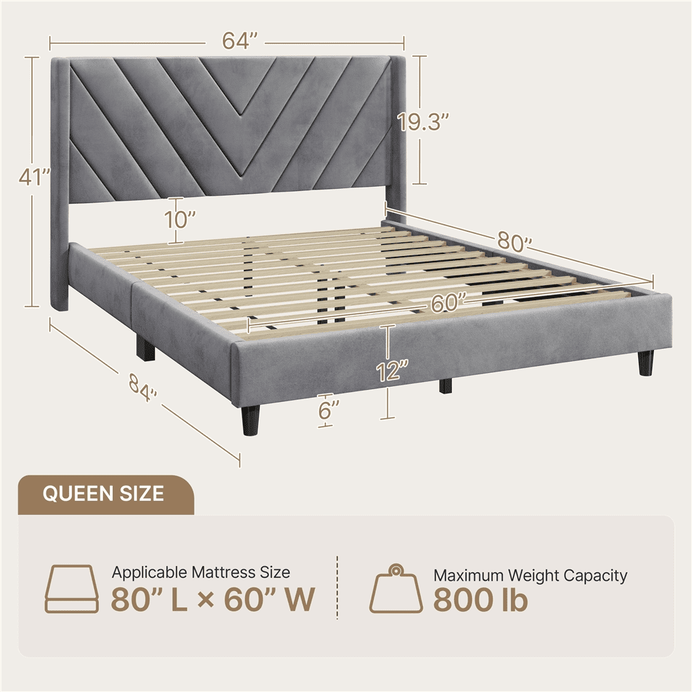 Yaheetech Queen Size Upholstered Platform Bed Frame, Wooden Slat Support, Light Gray