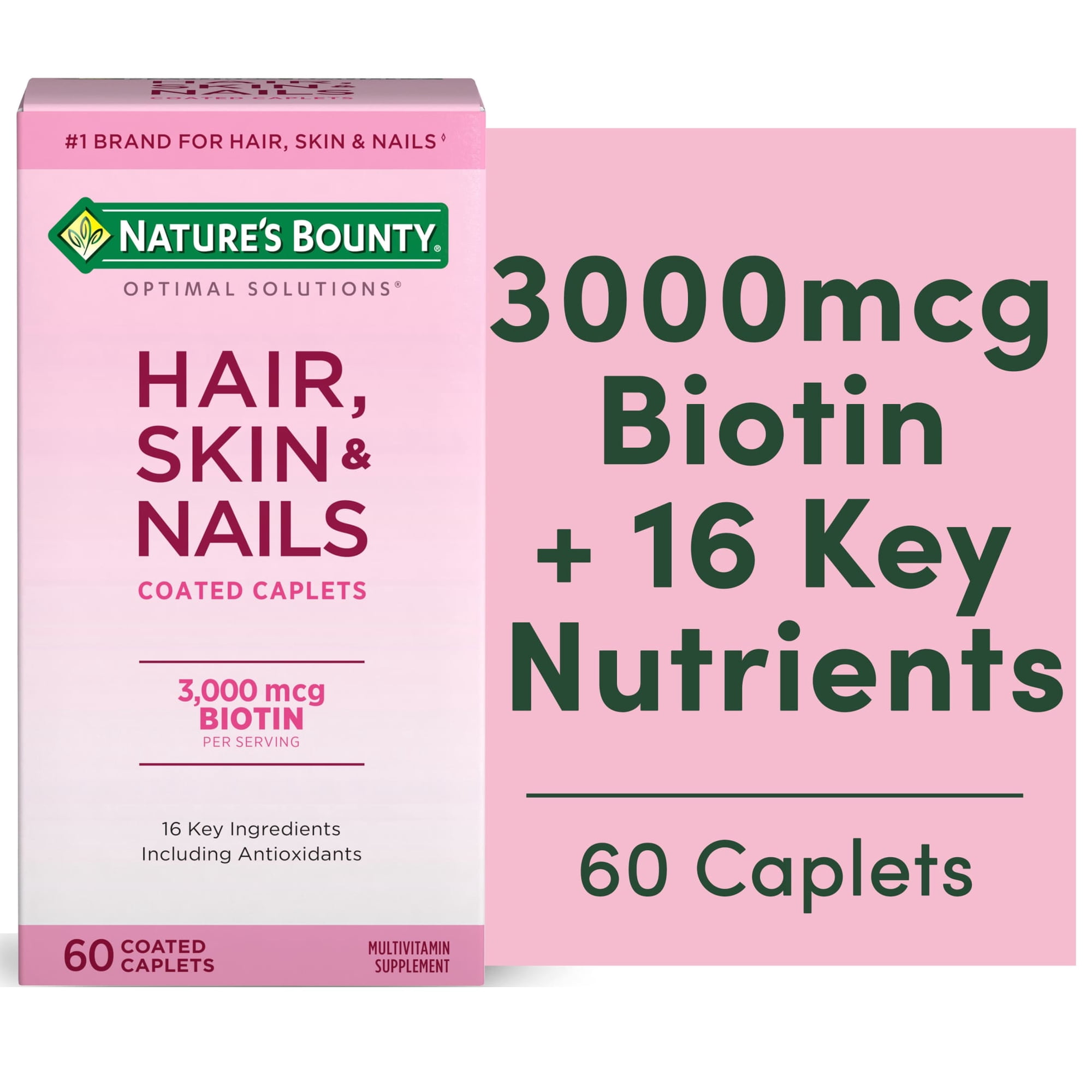 Nature's Bounty Optimal Solutions Hair, Skin & Nail Vitamin Caplets with Biotin 3000 mcg, 60 Ct
