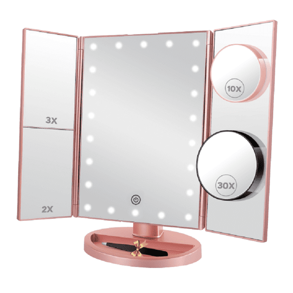 PEDOMIROR Trifold Makeup Mirror with Lights, 1X 2X 3X Magnification with 10X/30X Magnifying Mirror, Lighted Makeup Mirror, Touch Control, Rose Gold