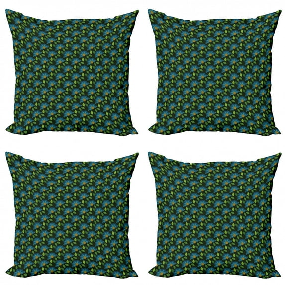 Flower Throw Pillow Cushion Case Pack of 4, Tropical Jungle Blossom Field Rainforest Petals Leaves Forest Pattern, Modern Accent Double-Sided Print, 4 Sizes, Violet Blue Dark Green, by Ambesonne
