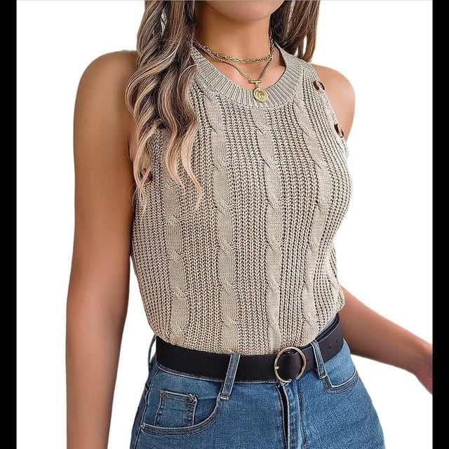 Camiseta Sin Mangas de Verano para Mujer, Estilo Suéter Informal de Punto Holgado, Acanalado, Sin Mangas Caqui L