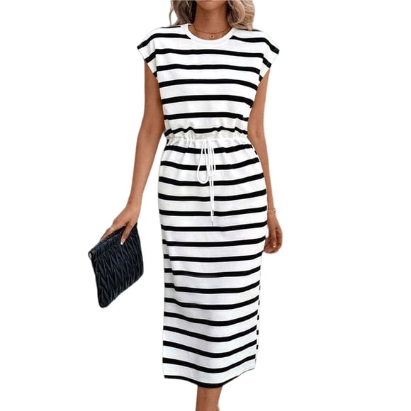 Women'S Summer Maxi Dress Striped Split Cap Sleeve Beach Vacation Casual Long Sundresses White M