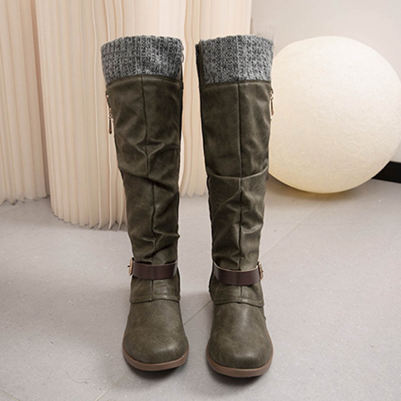 POROPL Wide Mid-Calf Boots for Women Black Flats Shoes Women Mom Winter Snow Boots for Women Knee High Christmas for Hiking Shoes for Clearence