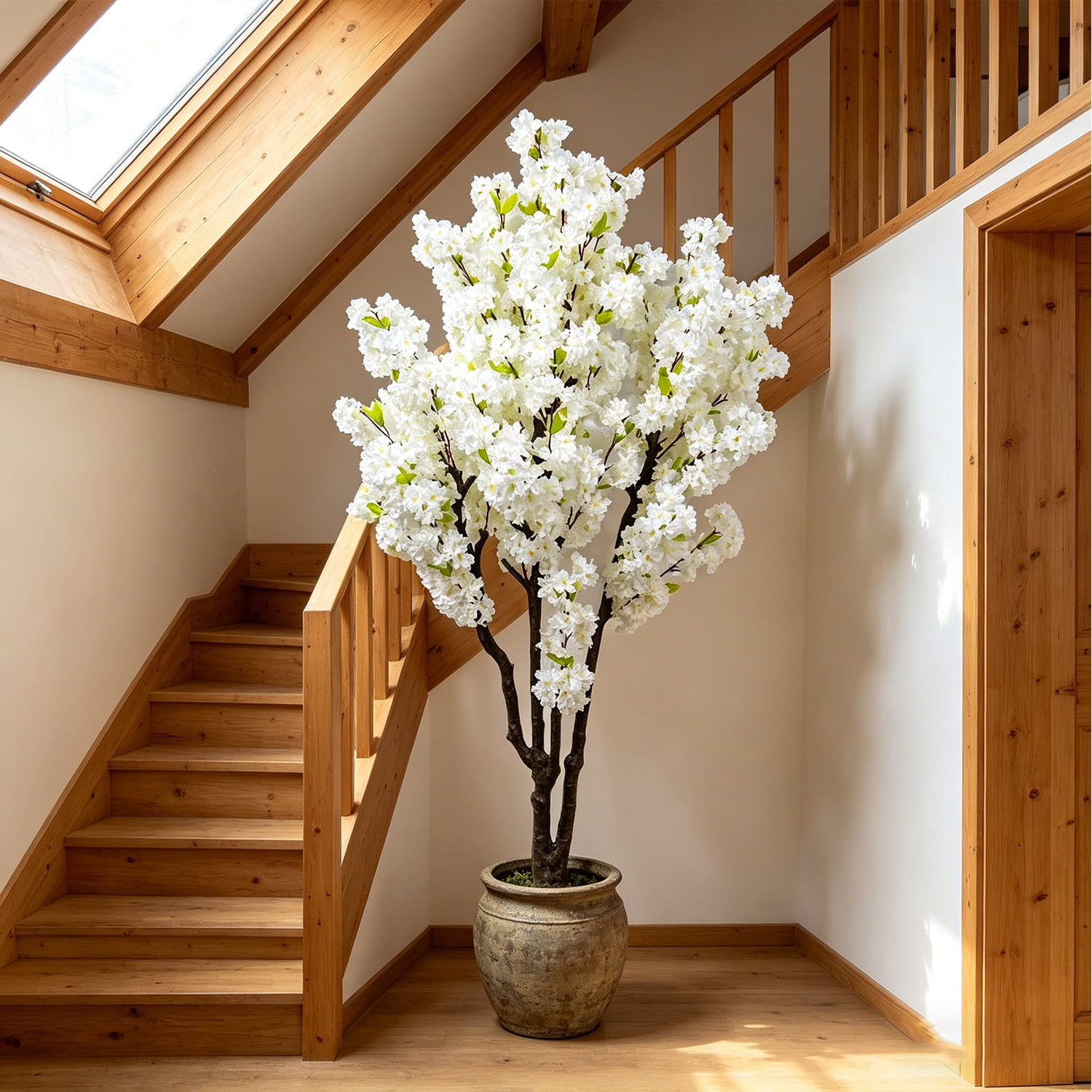 HPNIUB Cherry Blossom Artificial Tree Handmade White Flowers with Faux Leaves Indoor Outdoor Decor for Home Office Spring Party Wedding 6 ft