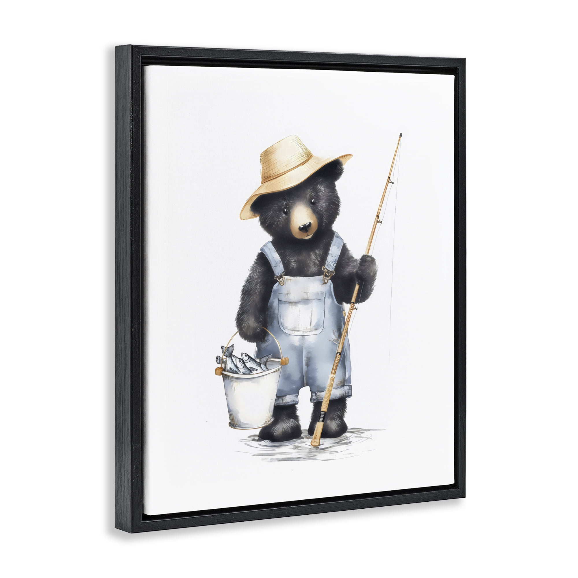 Stupell Industries Fishing Bear in Straw Hat Black Framed Floater Canvas Wall Art, design by Arlington Prints