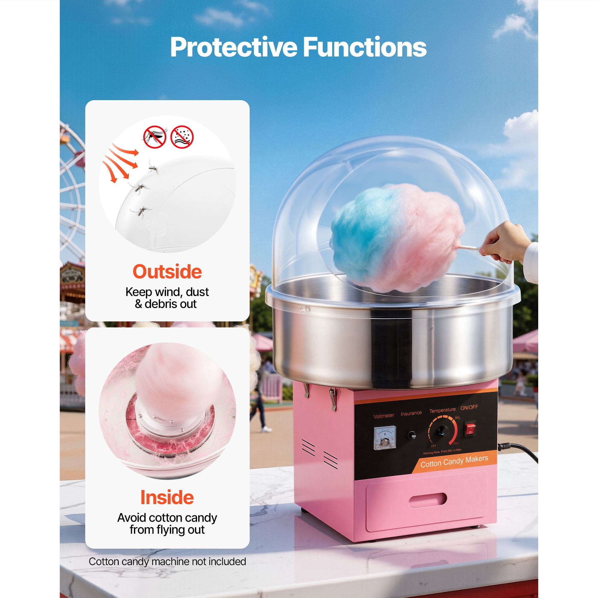 Acrylic Cotton Candy Machine Dome Cover, Fits 20.5" Bowl, Reinforced Clear Plastic, Sugar Containment, Easy Clean for Candy Floss Maker