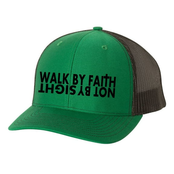 Christian Walk By Faith Not By Sight Mens Embroidered Mesh Back Trucker Hat, Kelly Green/Black
