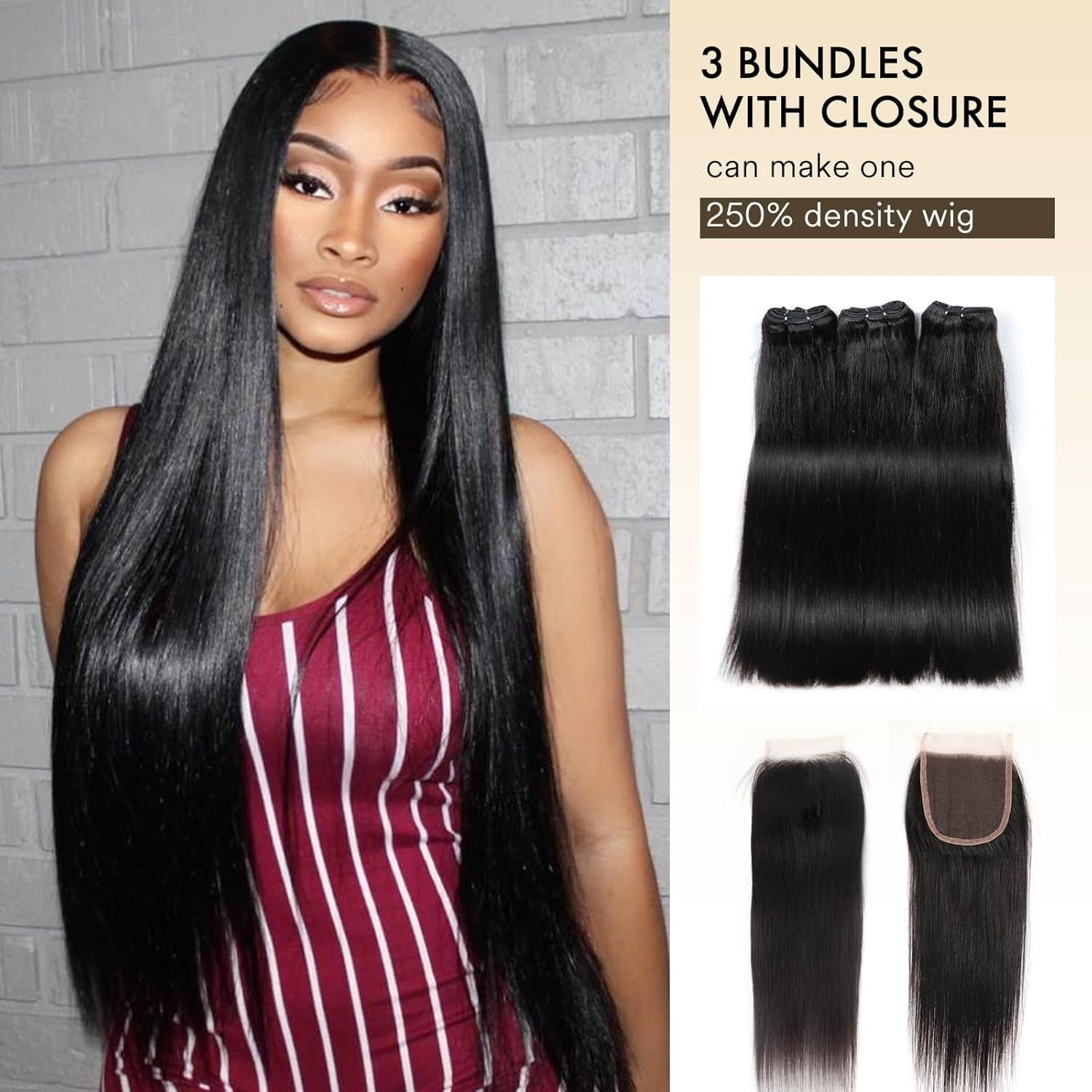 Human Hair 3*Bundles with 4x4 HD Lace Closure Straight34 36 38+24 Inch Brazilian Hair 16A Extensions with Pre Plucked Baby Hair Natural Black Color