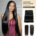 thumbnail image 3 of Human Hair 3*Bundles with 4x4 HD Lace Closure Straight22 24 26+20 Inch Brazilian Hair 16A Extensions with Pre Plucked Baby Hair Natural Black Color, 3 of 8