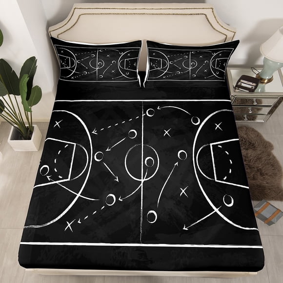 YST Basketball Print Fitted Sheet Twin Size Sprots Games Bedding Set For Kids Boys Teens Men Bedroom Decor Black Court Bed Sheets Ball Decor Sheets
