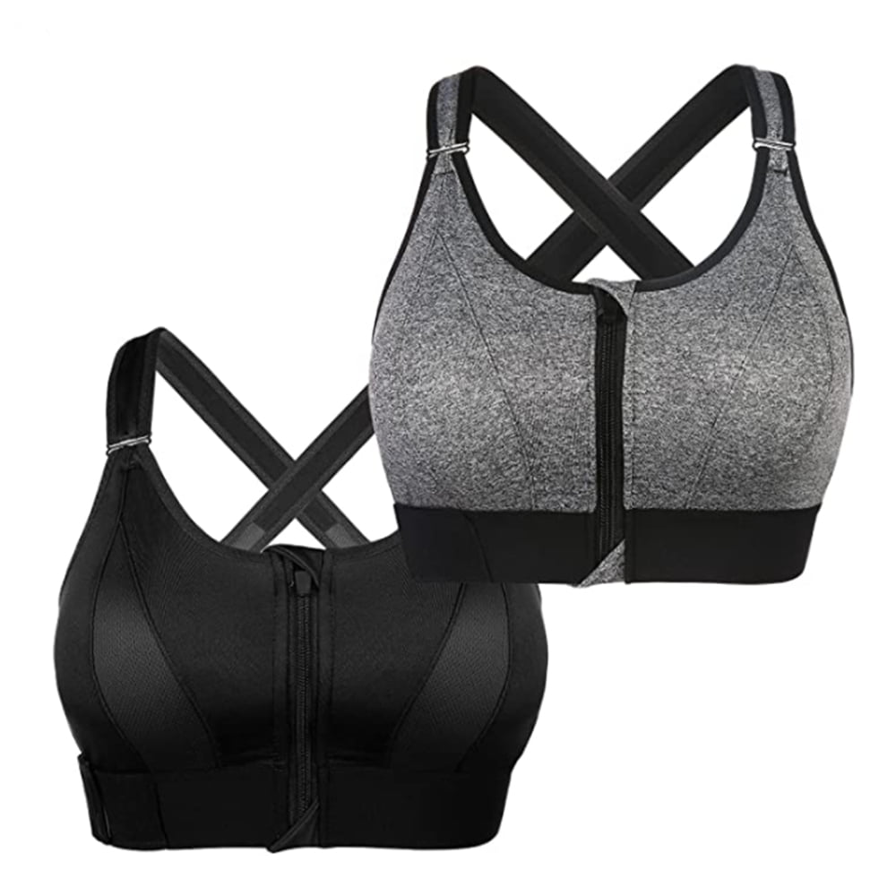 Women's Zipper Front Sports Bra Adjustable Straps Shockproof Wireless