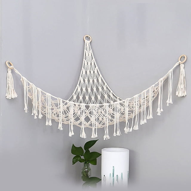 Langgg Boho Plush Toy Hammock Triangular Shape Hanging Stuffed Animal Storage Basket Tassels Space Saver Wall Net for