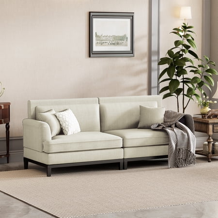 Cosymart Upholstered Country Style Sofa with Wooden Legs and Two Throw Pillows