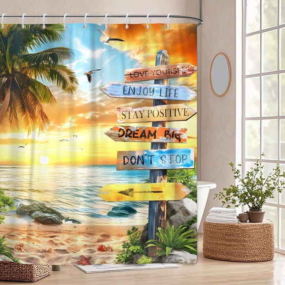 Tropical Beach Palm Tree Shower Curtain Summer Coastal Nautical Ocean Quotes Sunset Inspirational Art Printed Fabric Bathroom Curtain,72"x72"