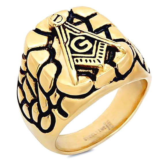 Yellow Stainless Steel Black-tone Mens Nugget Masonic Square Head Comfort-fit Band Ring Size 10 Wedding Band for Men