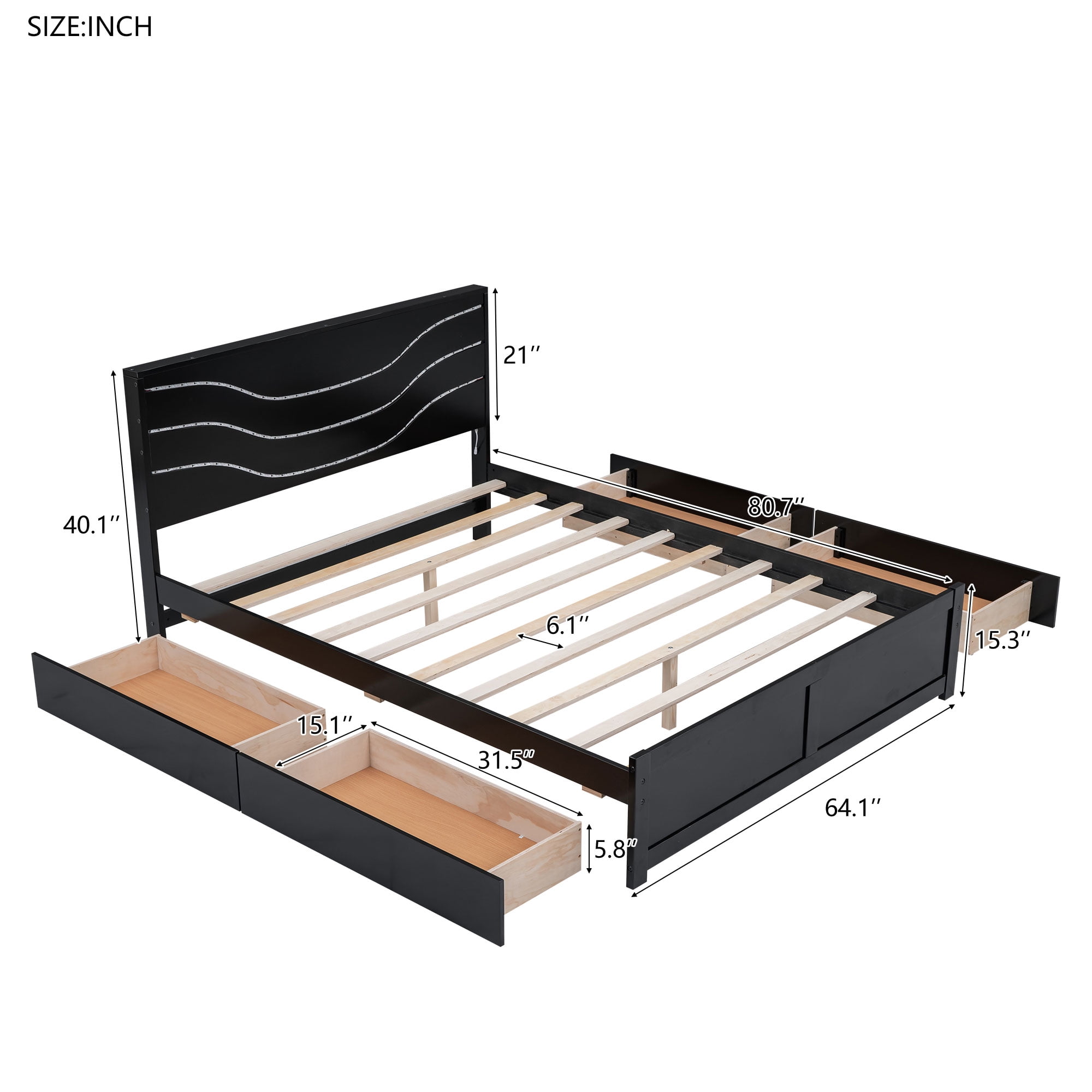 Euroco Queen Size Platform Bed with LED Light and 4 Storage Drawers,  White