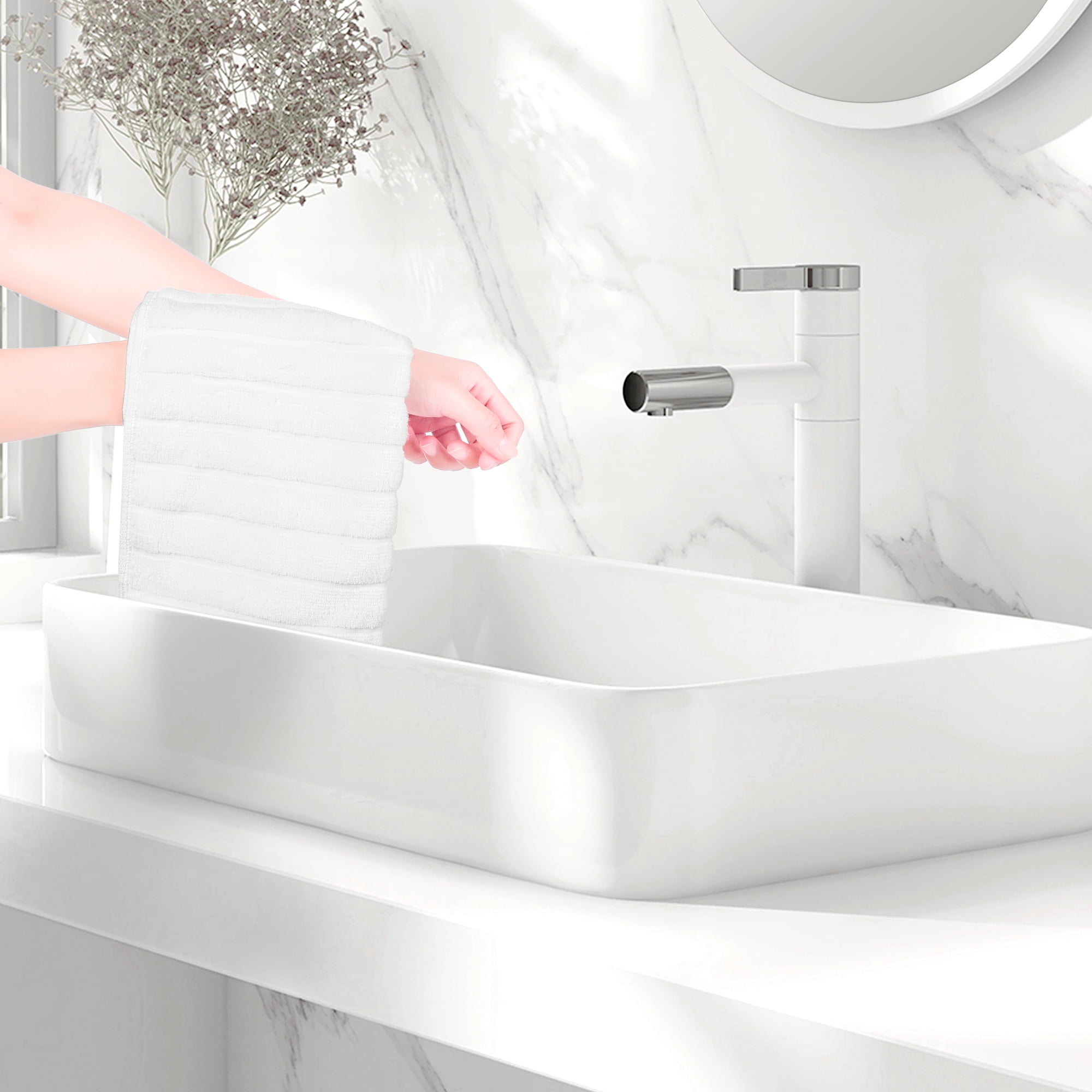 Unique Bargains Striped 12 Pack Washcloths Pure Cotton Face Towels Comfort Towels White