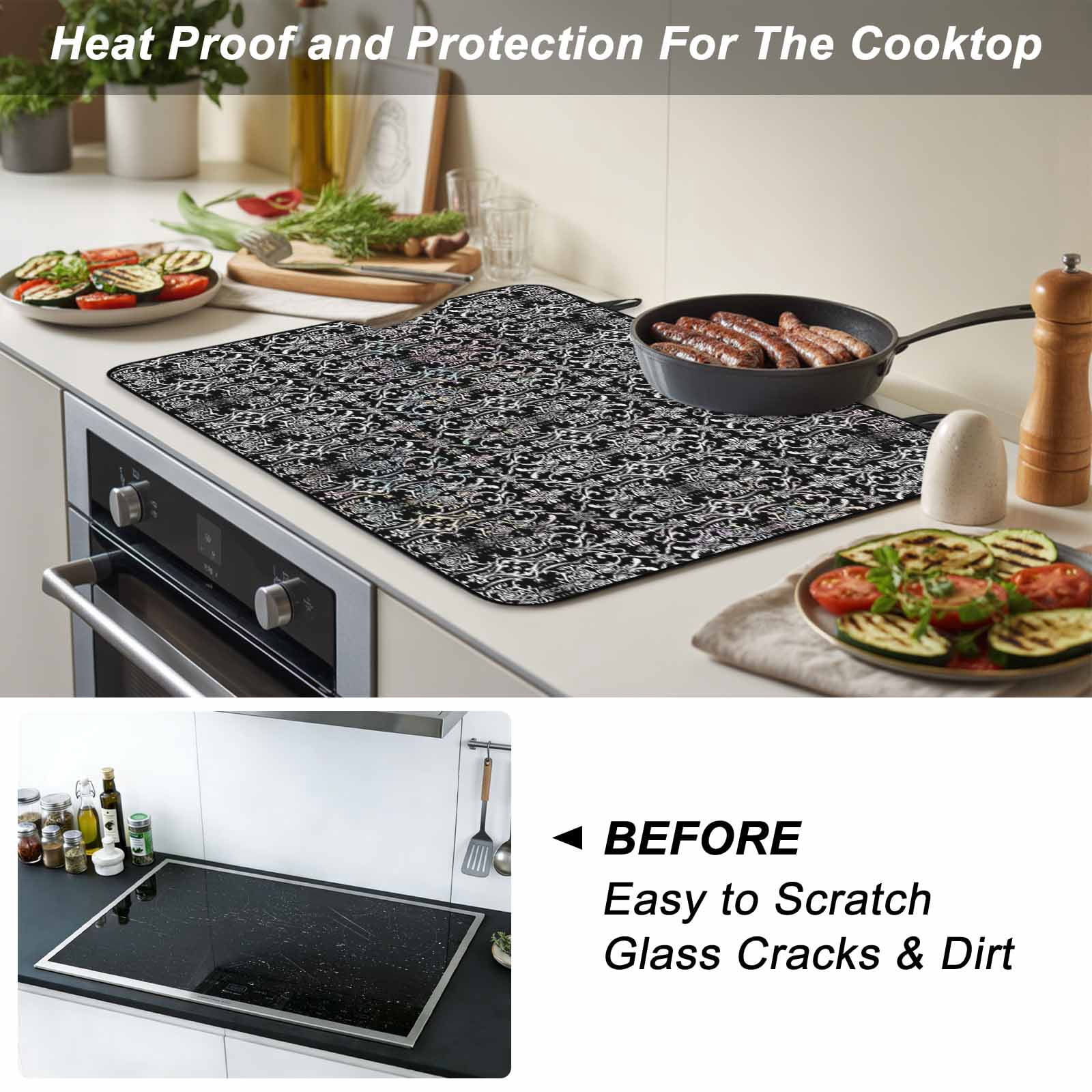Black and White Stove Top Cover for Electric Stove, Heat-proof & Non Slip Glass Top Stove Cover Protector, Modern Moroccan Geometric Abstract Art Kitchen Flat Cooktop Rubber Mat 24x21 Inches
