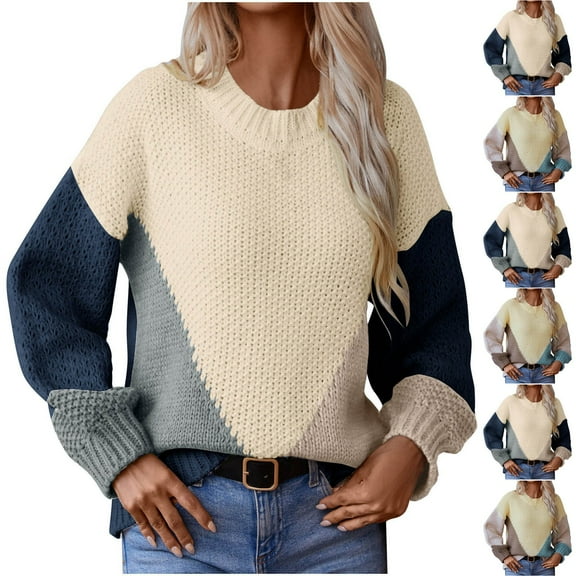 Fartey Oversized Sweaters for Women Trendy Color Block Sweater Loose Fit Long Sleeve Crewneck Knitted Pullover Fall Winter Chunky Knit Sweaters Beige S