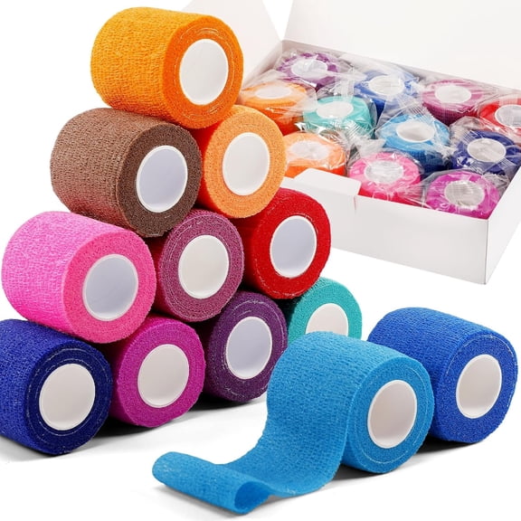 Self Adhesive Bandage Wrap,12PCS 2" x 5 Yards Elastic Adhesive Tape for Sports,Elastic,Self Stick,Stretch Cohesive Bandage for Wrist Ankle Knee Leg First Aid Sprains Swelling(Colorful)