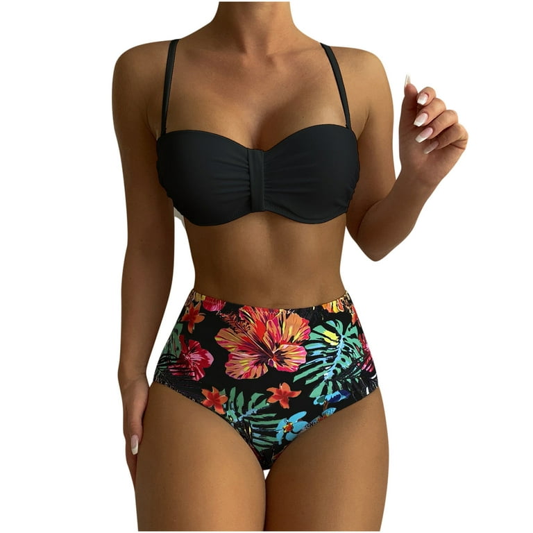 RQYYD Clearance Women's High Waist Bikini Swimsuit Floral Print Two Piece  Bathing Suit Push Up Lace Up Back Swimwear(Black,M) 
