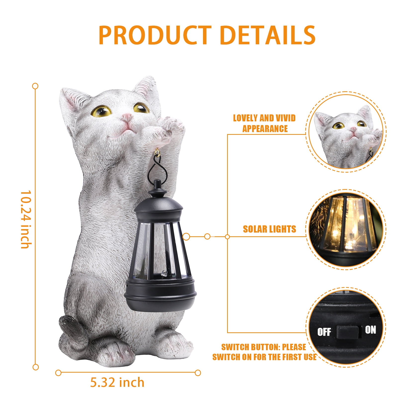 10 Inch Cat Garden Statue with Solar Lantern,Solar Statue,Resin Decor for Patio, Lawn & Outdoor Spaces