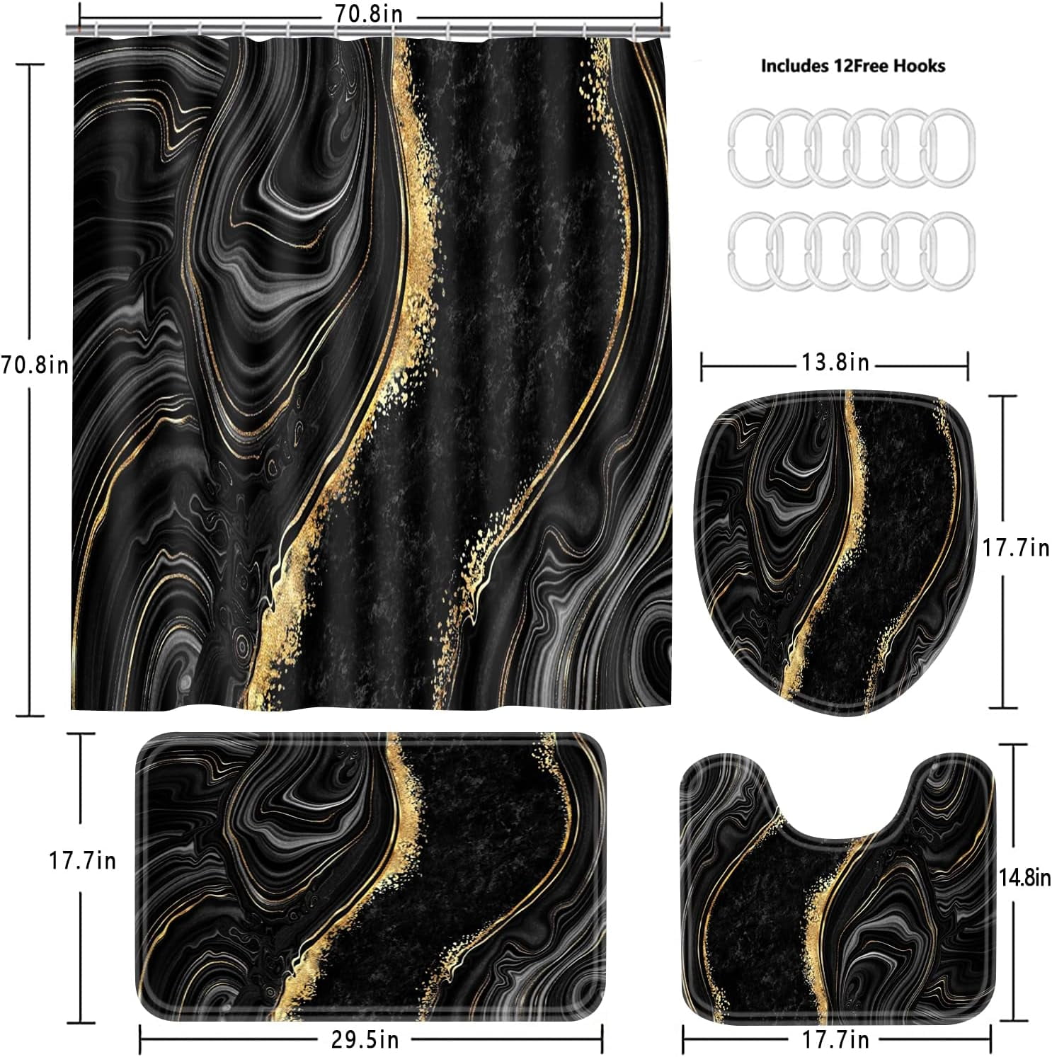4 Pcs Black Marble Shower Curtain Sets with Rugs Gold Bathroom Sets with Shower Curtain and Rugs Modern Abstract Bathroom Decor Accessories Shower Curtains for Bathroom Toilet Lid Cover