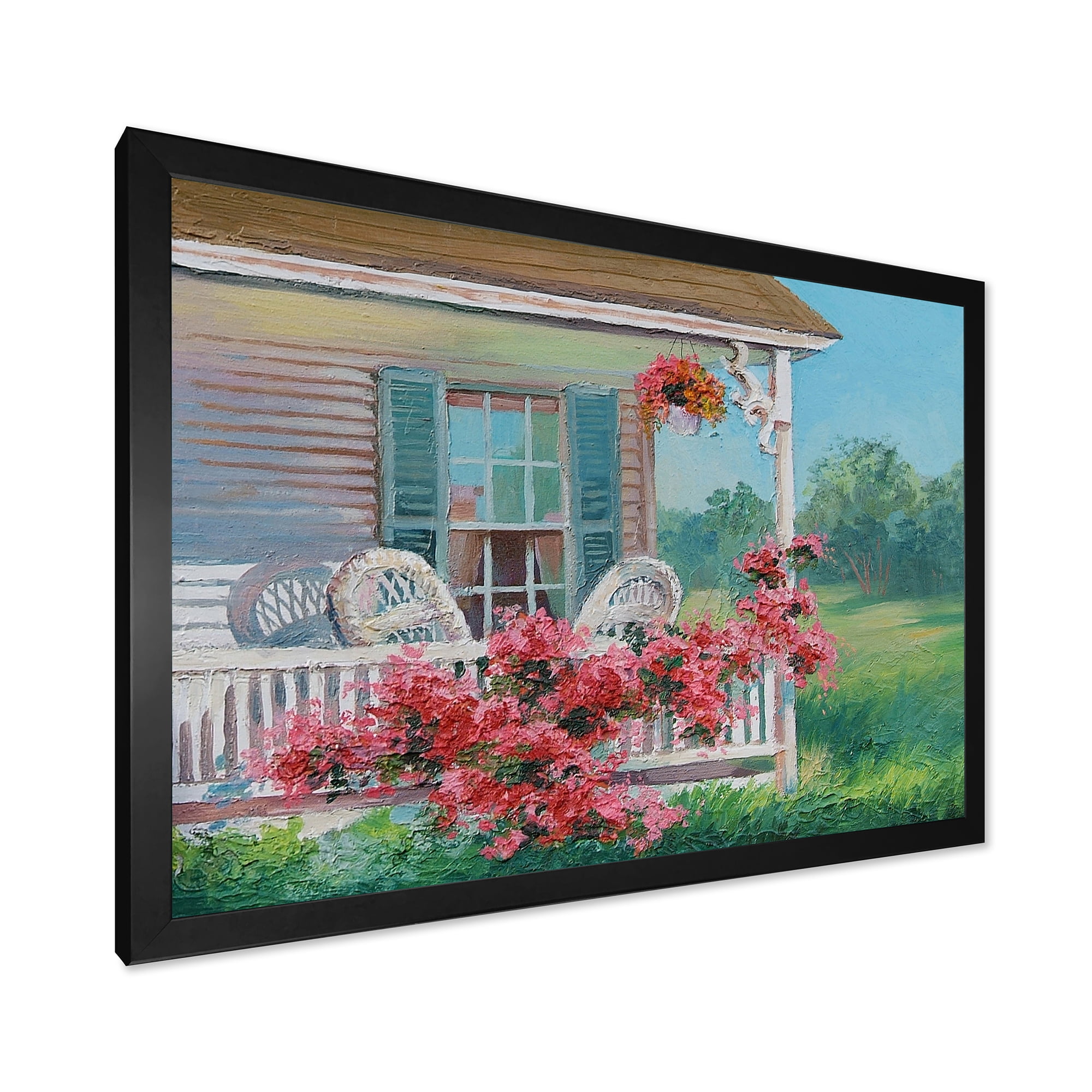Designart 'Patio & Blossiming Red Flowers With Wooden House' Traditional Framed Art Print