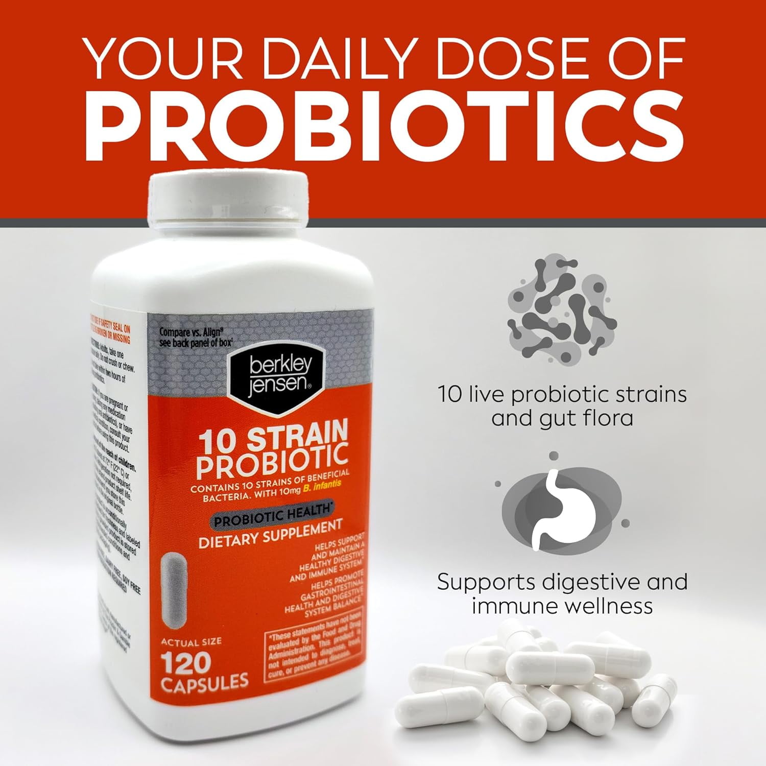 Berkley Jensen Natural 10-Strain Probiotic Dietary Supplement,Capsule 120 ct.