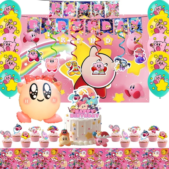 35Pcs Kirby Birthday Party Supplies, Kirby Party Decoration Set - Kirby Birthday Decorations Banners Backdrop Tablecloth Balloons Cake Toppers etc. Kirby Party Supplies