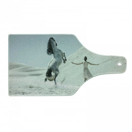 

Horse Cutting Board Lady with White Horse Rearing up on the Desert Mountains Mare Decorative Tempered Glass Cutting and Serving Board Wine Bottle Shape White Slate Blue by Ambesonne