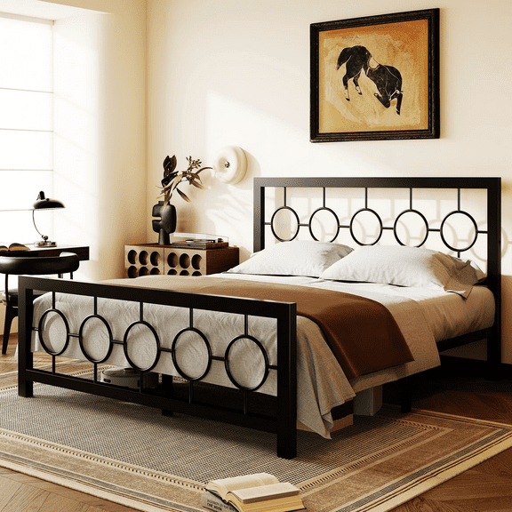 Amolife Queen Size Bed Frame, Heavy Duty Metal Platform Bed with Vintage Circular Headboard & Footboard, Black