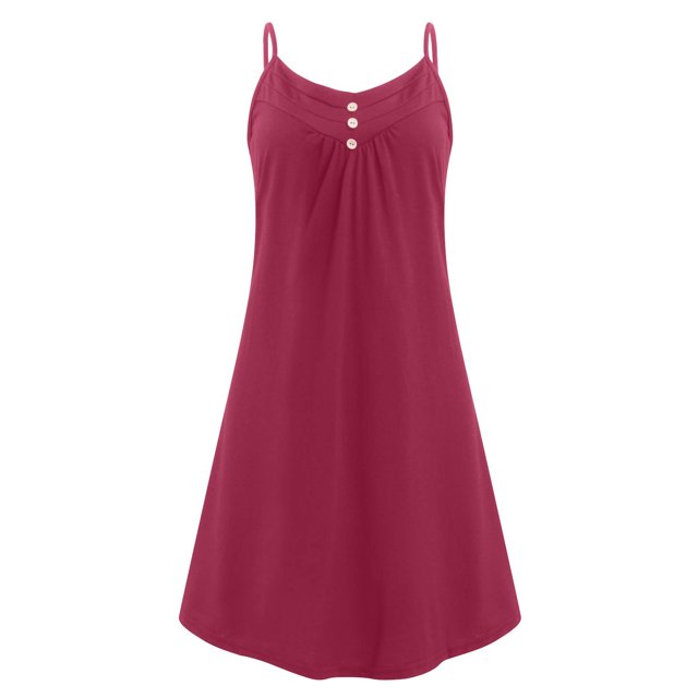 Innerwin Strappy Slip Dresses Spaghetti Strap Ladies Short Mini Dress Party Button Baggy Swing A-Line Sundress Red M