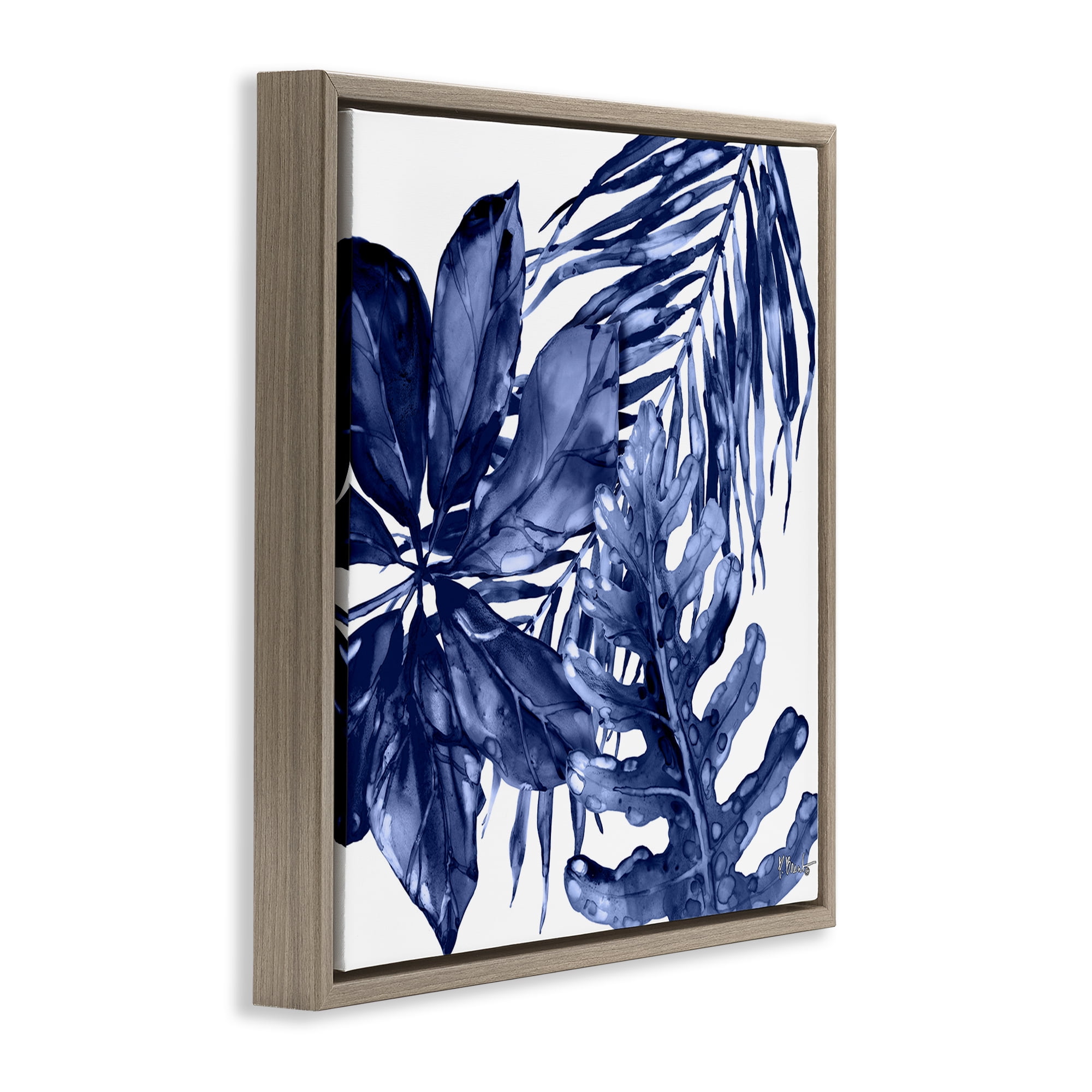 Stupell Industries Blue Hued Plant Leaves Botanical & Floral Painting Brown Floater Framed Canvas Art Print Wall Art, 25 x 25