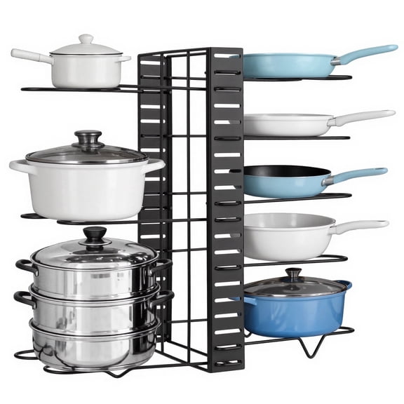 Lonian Pot and Pan Organizer Rack,  Pan Lid and Bakeware Holder for Cabinet and Countertop,  8 Adjustable Compartments, Black