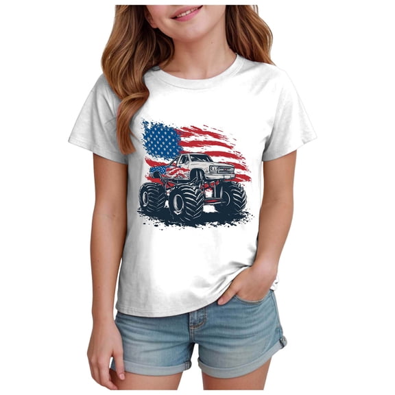 Nwiuh Boys 4th of July T-Shirt Kids American Tee Monster Trucks Tractor Independence Day Patriotic Tops Short Sleeve (White, 7-8 Years)
