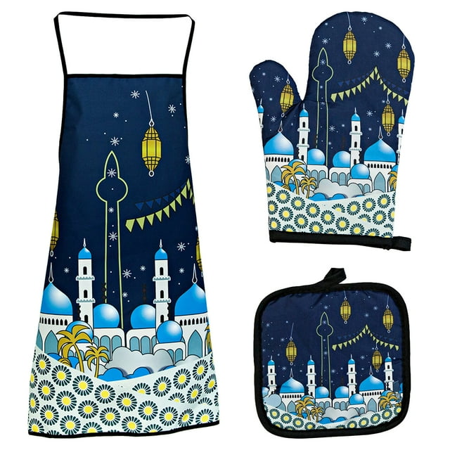 Fiudx Guantes de Horno Eid Al-Fitr, Almohadilla Aislante Resistente Al Calor, Juego de Delantal Protector, Cocina Sin Quemaduras, Estampado Festivo de Raya, Juego de 3 Piezas, Guantes de 26 X 17 Cm,
